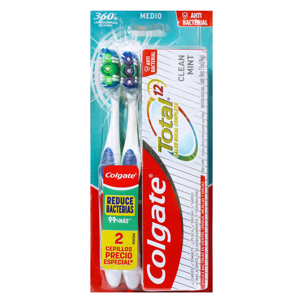 2 Cepillos Dentales Colgate 360 + Crema Total 12 Clean Mint x 75 mL